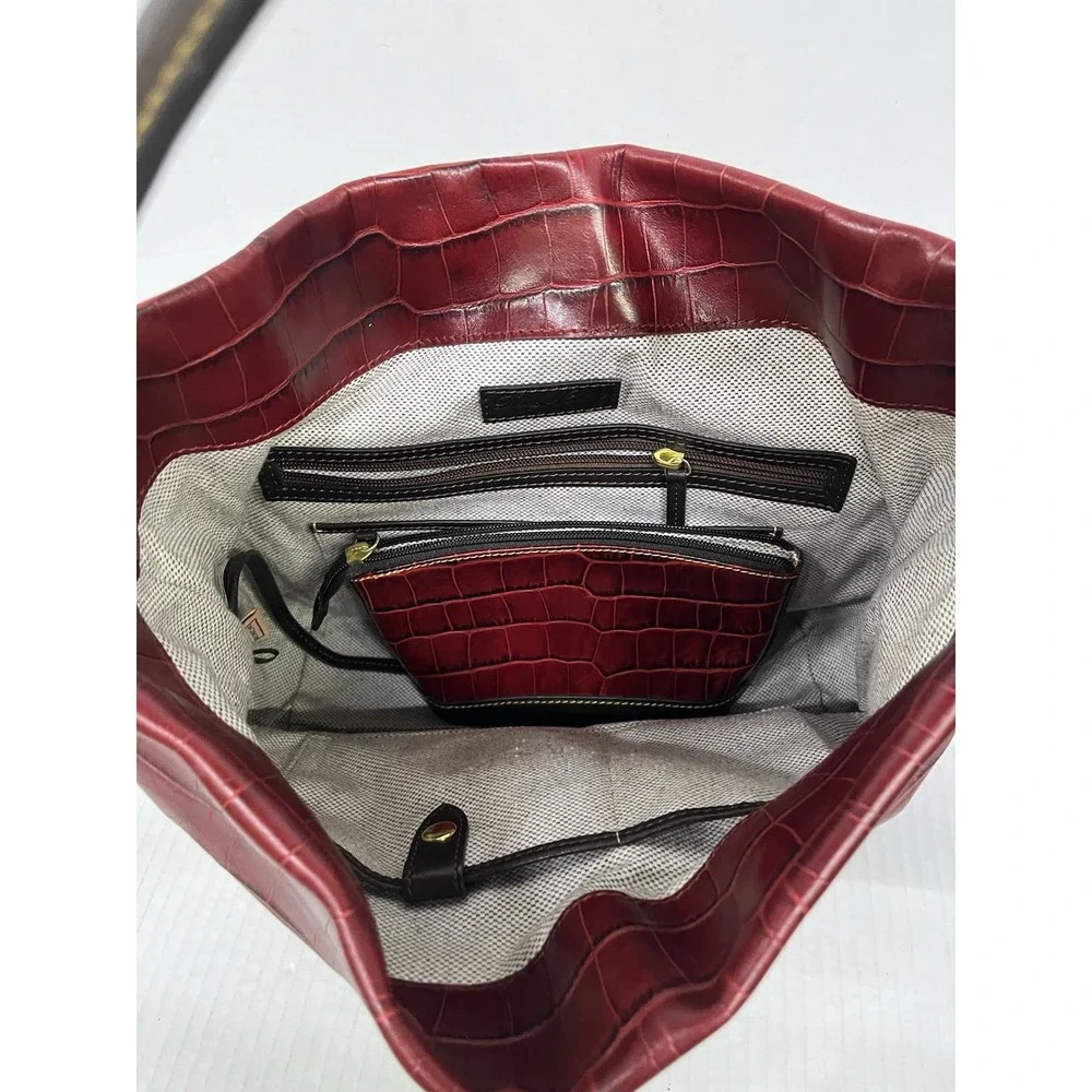 Dooney & Bourke Croco-Embossed Leather Hobo Shoulder Bag Burgundy &‎ Black